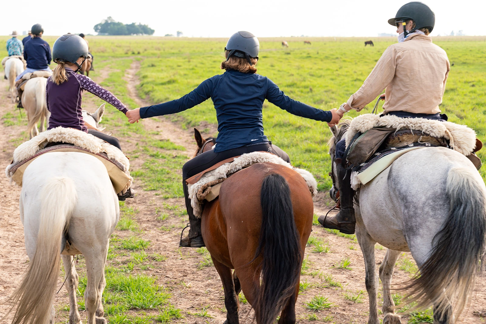 Three riders holding hands on horesback on a riding holiday in Argentina